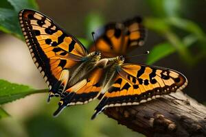 dos mariposas son sentado en un rama. generado por ai foto