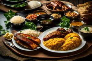 indian food on a wooden table. AI-Generated photo