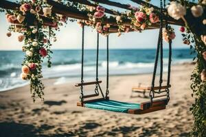 a swing on the beach with flowers. AI-Generated photo