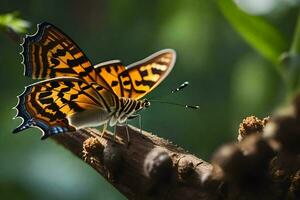 un mariposa es sentado en un rama. generado por ai foto