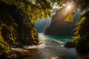 el Dom brilla mediante el arboles en un río. generado por ai foto