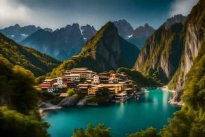 a village sits on the edge of a lake surrounded by mountains. AI-Generated photo