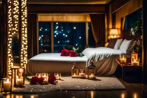romántico dormitorio con velas y luces. generado por ai foto