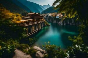 un hermosa lago en el montañas con un chino templo. generado por ai foto