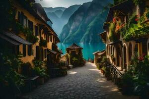 a narrow street in front of a mountain lake. AI-Generated photo