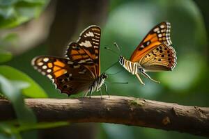 two butterflies are sitting on a branch. AI-Generated photo