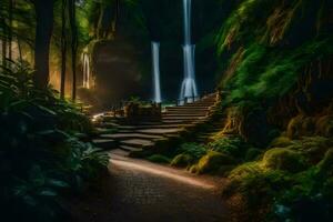 a path leads to a waterfall in the forest. AI-Generated photo