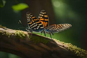 dos mariposas son sentado en un rama. generado por ai foto