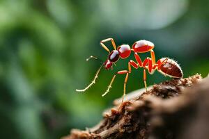 an ant is standing on a tree trunk. AI-Generated photo