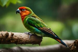 a colorful bird sits on a branch. AI-Generated photo