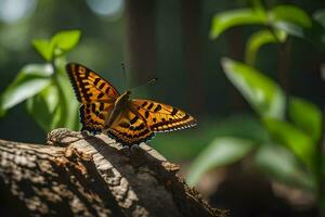 a butterfly is sitting on a log in the woods. AI-Generated photo