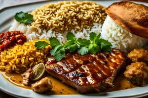 un plato de comida con arroz, carne y vegetales. generado por ai foto