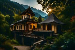 a house in the mountains with a path leading to it. AI-Generated photo