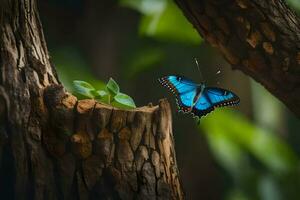 a blue butterfly sits on a tree trunk. AI-Generated photo