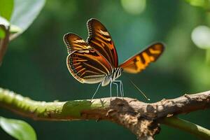 a butterfly is sitting on a branch in the sun. AI-Generated photo