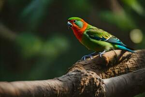 a colorful bird sits on a branch. AI-Generated photo