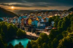 the sun sets over a town in the mountains. AI-Generated photo