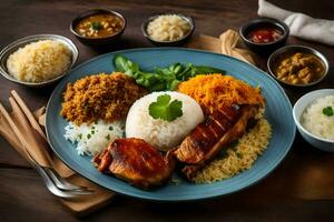 un plato de comida con arroz, carne y vegetales. generado por ai foto