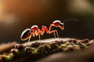 an ant is standing on a branch with its legs spread. AI-Generated photo