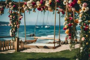 the swing was decorated with flowers and a wooden frame. AI-Generated photo