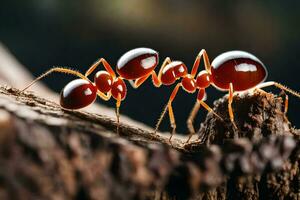 a group of red ants crawling on a log. AI-Generated photo