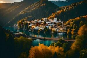 autumn in the mountains with a village and lake. AI-Generated photo