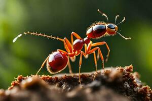 an ant is standing on top of a log. AI-Generated photo