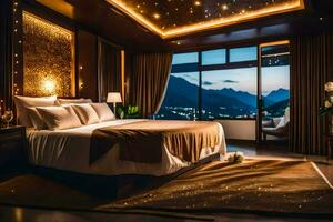 a bedroom with a view of mountains and stars. AI-Generated photo