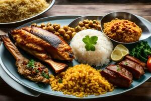 un plato de comida con arroz, frijoles, carne y arroz. generado por ai foto