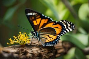 un mariposa es sentado en un rama con amarillo flores generado por ai foto