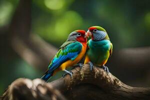 two colorful birds sitting on a branch. AI-Generated photo