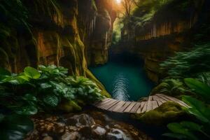 a wooden bridge leads into a cave with water. AI-Generated photo