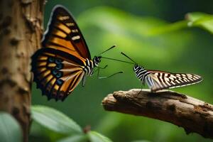 dos mariposas son luchando en un rama. generado por ai foto