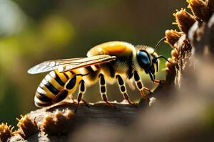 un abeja es sentado en un árbol rama. generado por ai foto