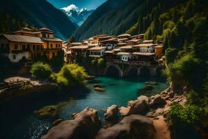 un pueblo en el montañas con un río y montañas. generado por ai foto