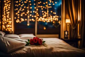 a bed with a rose and a candle in front of a window. AI-Generated photo