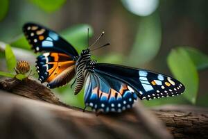 un mariposa con naranja y azul alas es sentado en un rama. generado por ai foto