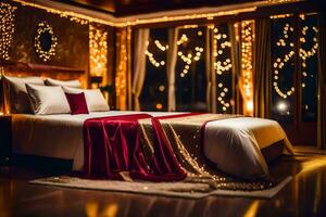a bed with red and gold decor in a bedroom. AI-Generated photo