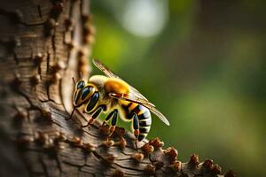 un abeja es sentado en un árbol rama. generado por ai foto