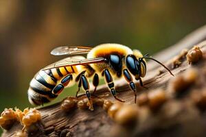 un abeja con amarillo y negro rayas en sus atrás. generado por ai foto
