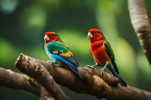 two colorful birds sitting on a branch. AI-Generated photo