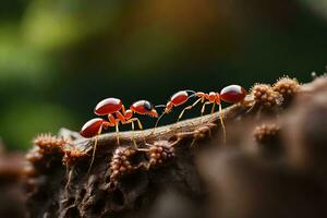 dos rojo hormigas en un rama. generado por ai foto