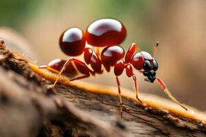 un rojo hormiga con Tres pequeño pelotas en sus atrás. generado por ai foto