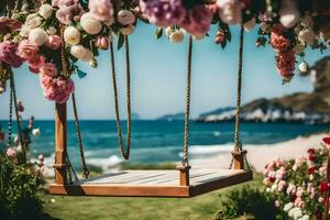a swing with flowers on the beach. AI-Generated photo