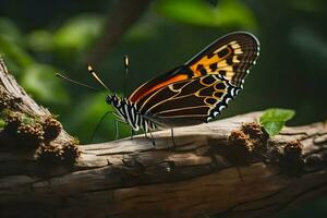 un mariposa es sentado en un rama en el bosque. generado por ai foto