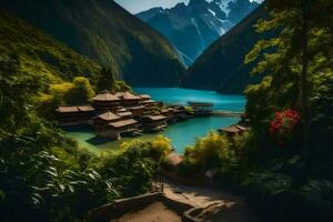 un lago y un montaña pueblo en el montañas. generado por ai foto