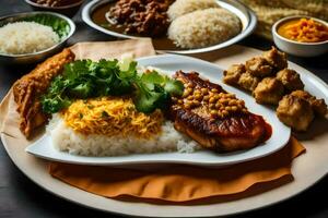 the food is served on a plate with rice, chicken, and vegetables. AI-Generated photo