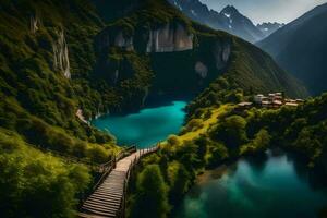 the lake is surrounded by mountains and a wooden bridge. AI-Generated photo