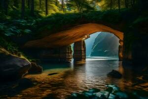 a cave in the woods with water and trees. AI-Generated photo