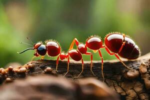 a red ant on a log. AI-Generated photo